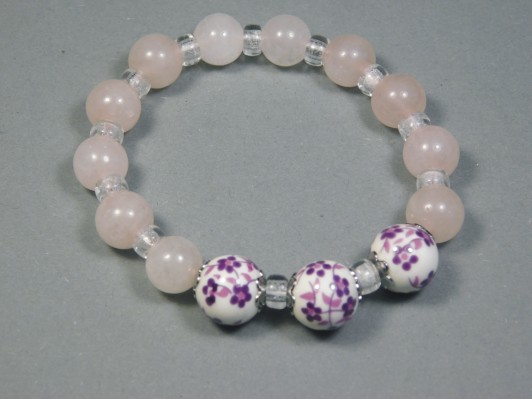 Bižutéria - Náramok minerál Ruženín, porcelán, sklo, vnút.obvod16,50cm