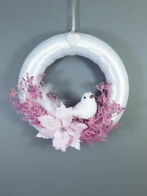 Dekorácia - veniec zimný, biely s vtáčikom, priemer 21cm